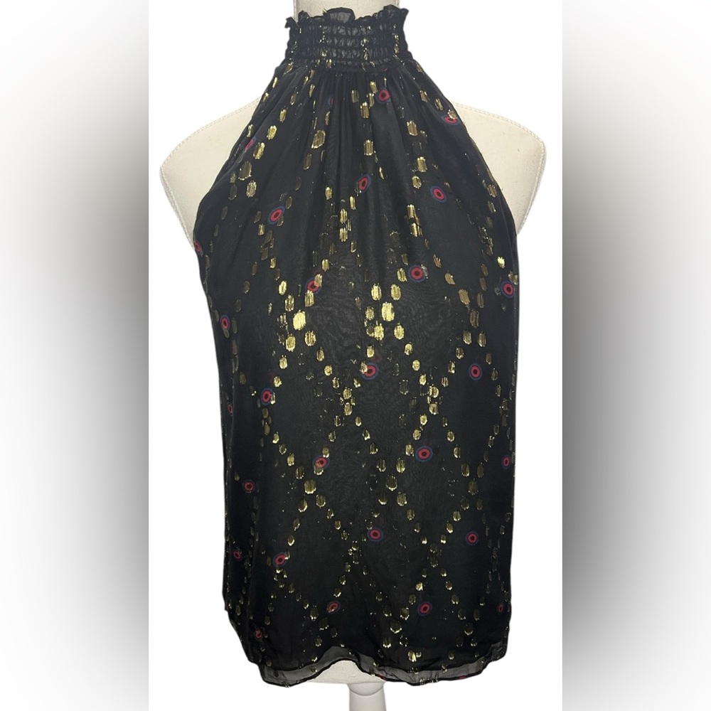 A.L.C. Sleeveless Halter High Neck Metallic Top, Black Silk w/Gold & Red Size S